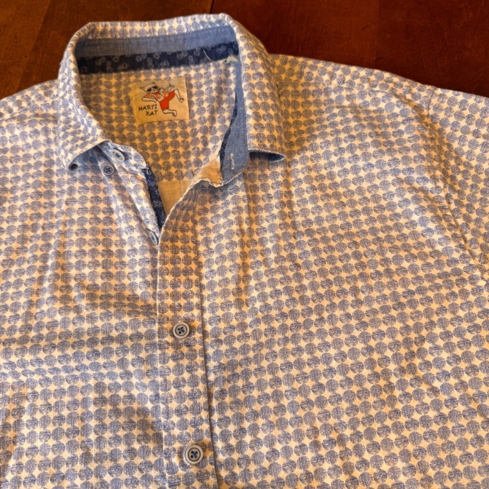 Marti Kat Shirt Mens XL Blue Geometric Print SS Button Down Cotton Casual